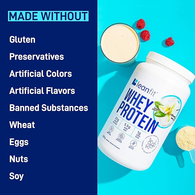 LeanFit WHEY Protein Natural Vanilla ??100% Whey Protein Powder, 24g Protein Per Serving ??Grass-Fed, Gluten-Free, Low Carb, BCAAs, Amino Acid ??23 Servings, 1.83 Pound Tub