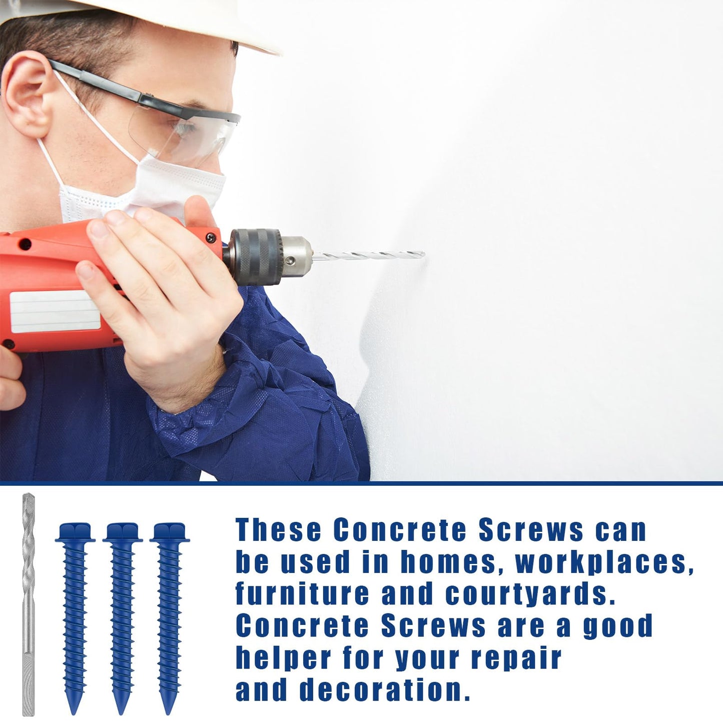 MorningRo 100 Qty 1/4" x 2-3/4" Hex Head Concrete Screws Anchor with Drill Bits Blue Slotted Hex Screws for Anchor Masonry, Block, Brick, Cement, Stucco, Diamond Point and Wood Fastening