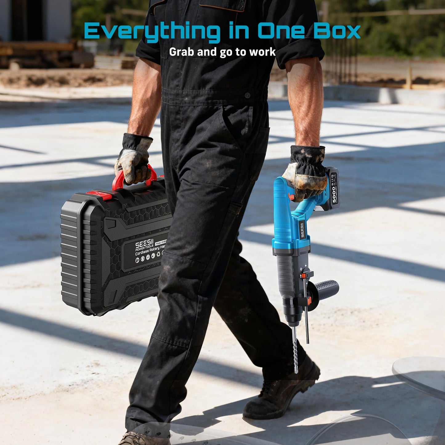 Seesii 1" Cordless SDS-Plus Rotary Hammer Drill with 2x5.0Ah Batteries, 3.2J Impact Energy Brushless Motor, 4-Mode with Kickback protection, Chisels, Drill Bits for Concrete Drilling & Home Renovation