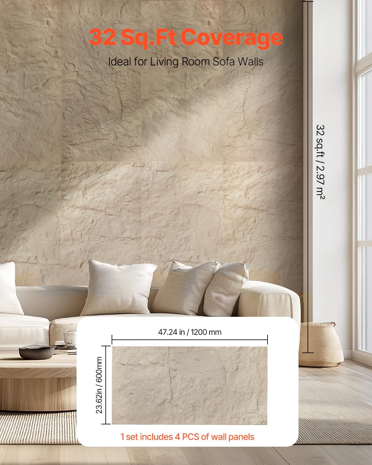 VEVOR 3D Wall Panels, 4 Pack 48 x 24 in PU Natural Stone Imitation Wall Art Tiles, 32 Sq.Ft Coverage Accent Wall Panel, Interior Home Decor for Ceiling, Bedroom, Living & Gaming Room, Stone Yellow