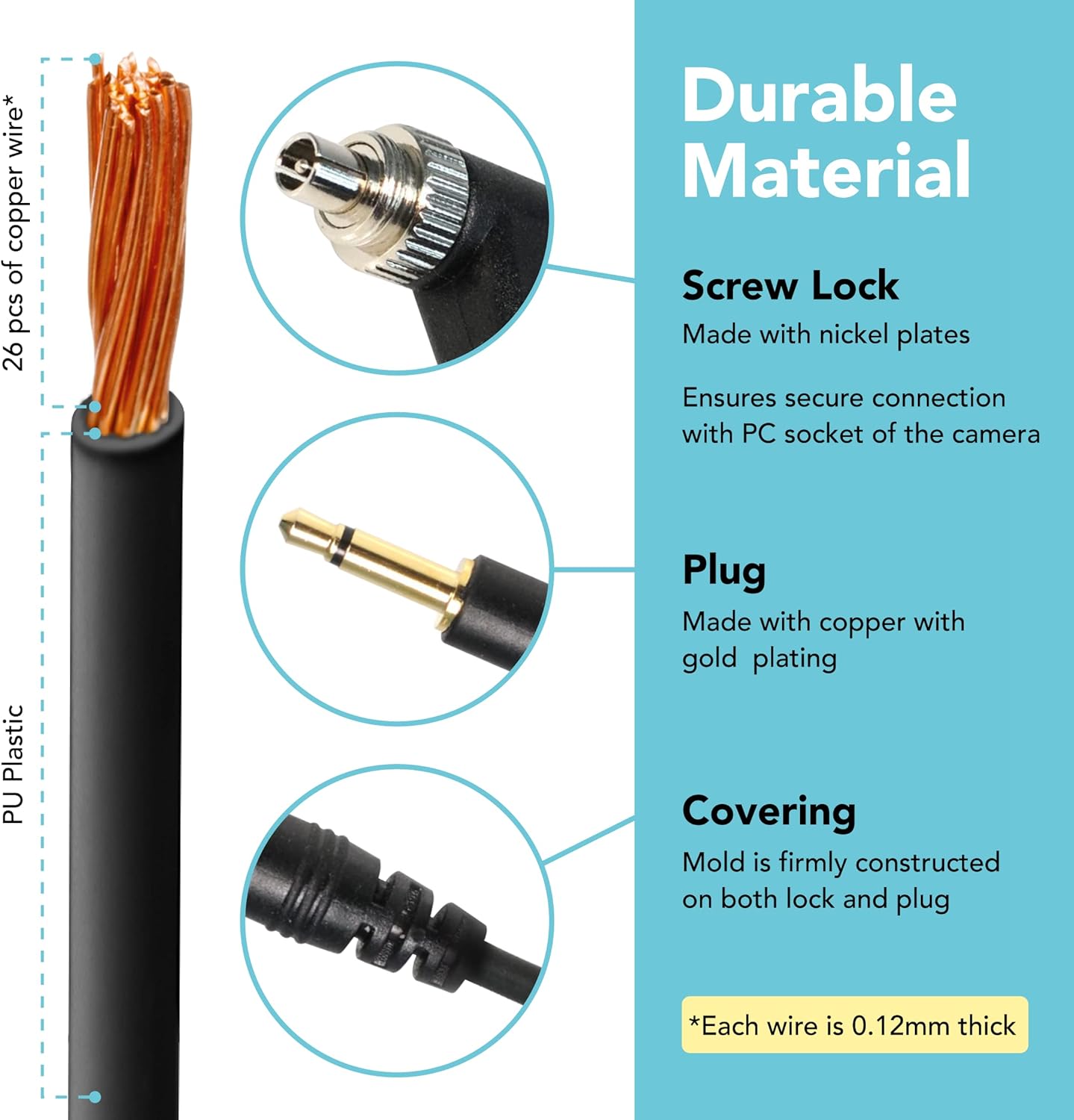 3.5 mm 14 Inch PC1 (1 Foto&Tech to Male Flash PC Sync Cable, Coiled Cord with Screw Lock, Compatible with Nikon Canon