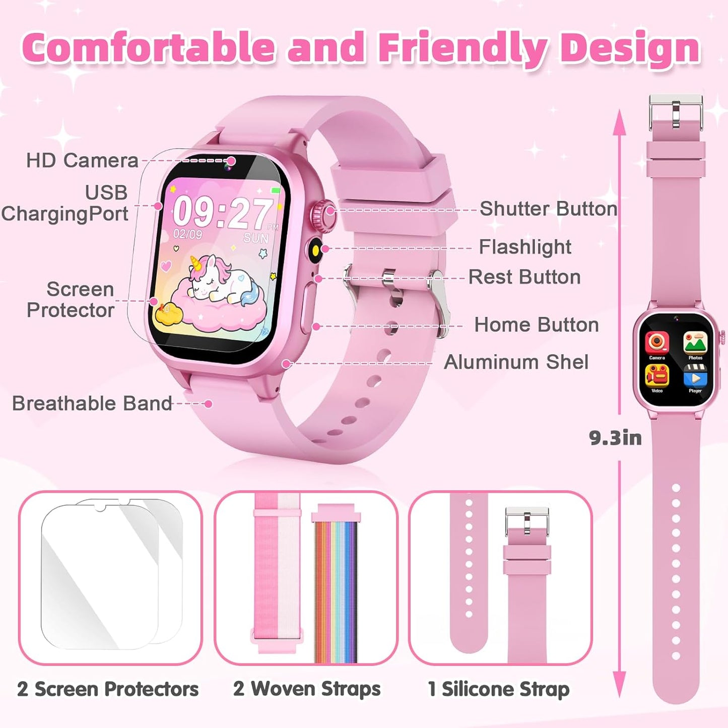 Dolwenqi 5-12, 40 5 6 7 8 9 10(Pink) Kids Smart Watch Girls Gift for Girl Aged Games HD TouchScreen Kids Watch