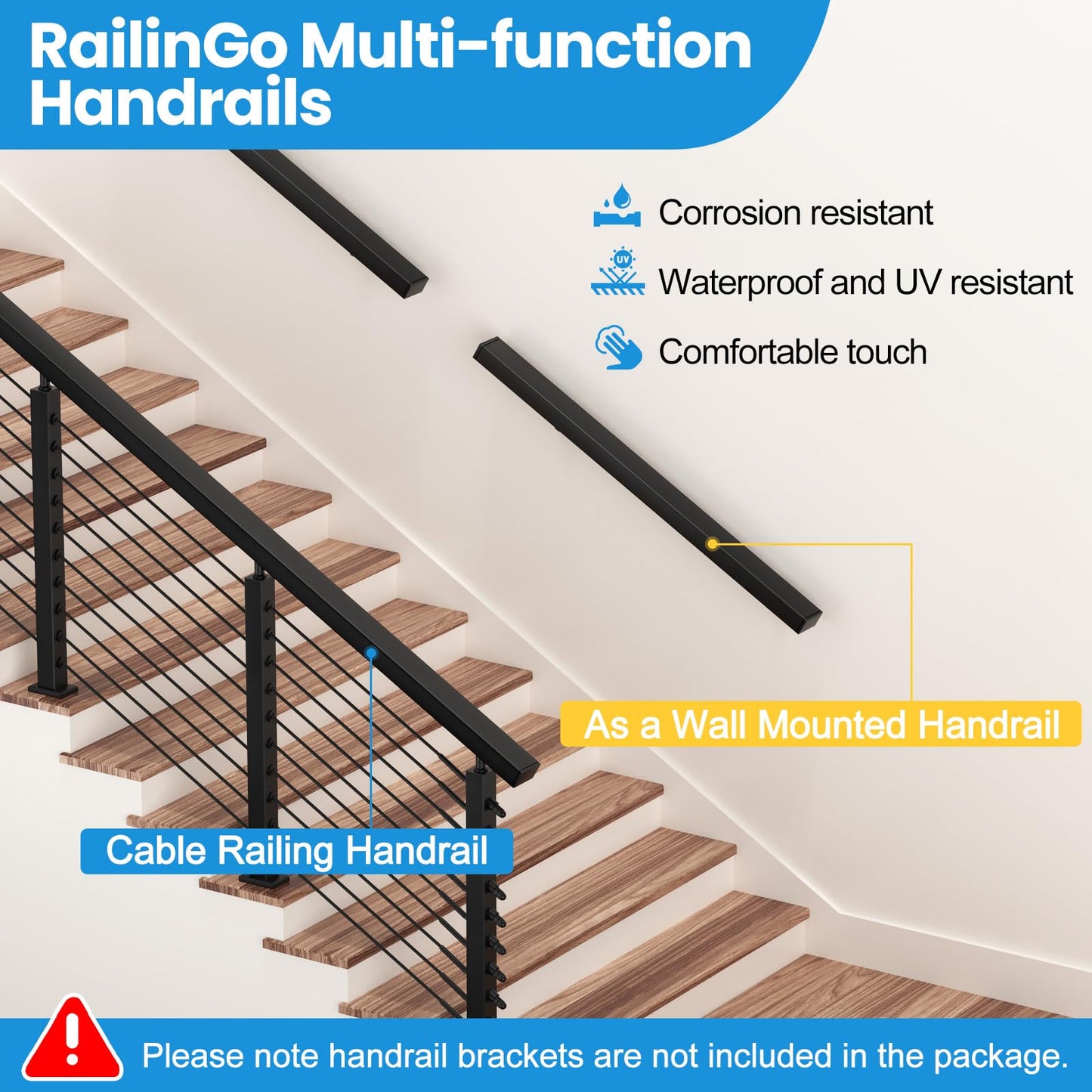 RailinGo 6'6'' Rectangular Cable Railing Handrail, Black Stainless Steel Handrail with Nylon End Caps for Stair Cable Railing System, Black Deck Cable Wire Railing Hardware Kits, RG01-H