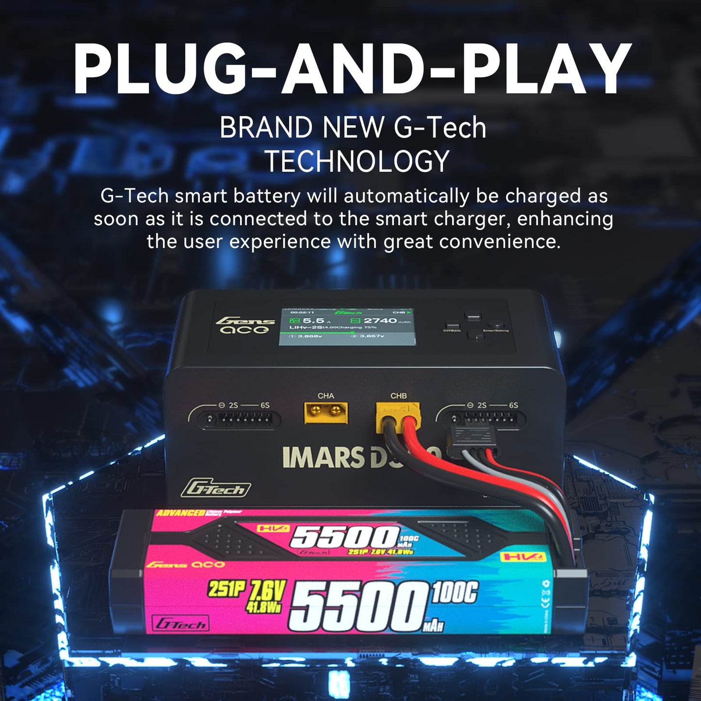 Gens Ace IMARS D300 G-Tech Smart Dual Lipo Charger 16A AC 300W DC 700W Lipo Charge（Black）