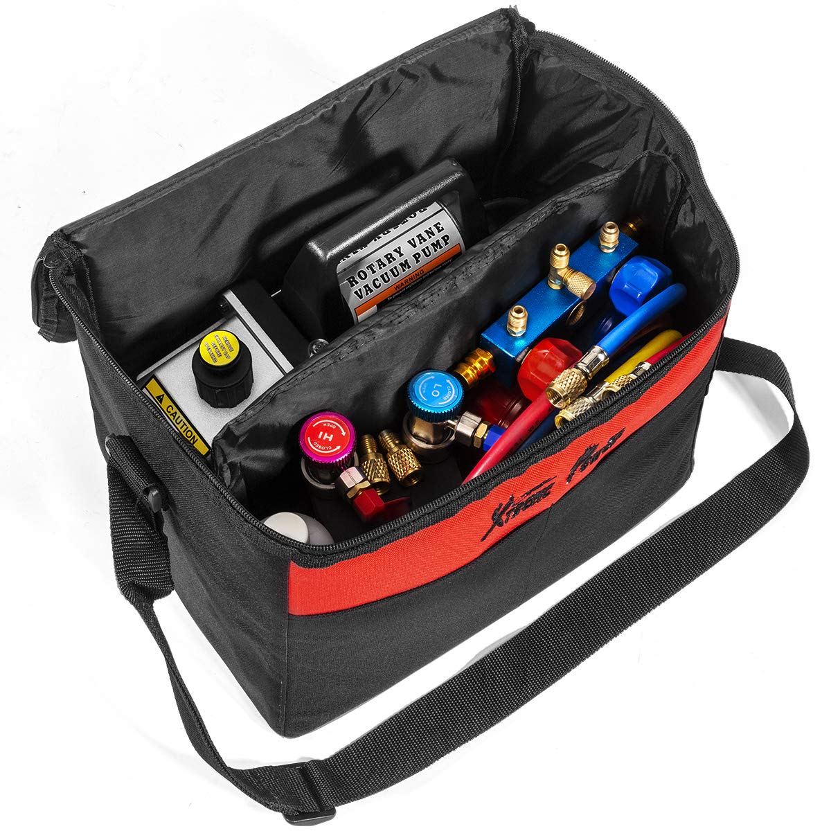 XtremepowerUS 3CFM 1/4HP Vacuum Pump HVAC R134a, R12, R22, R410a, A/C Refrigeration R134 Can Tap Adapter, R134 Quick Connector AC Manifold Gauge Air Conditioner Oil Bottle w/Bag