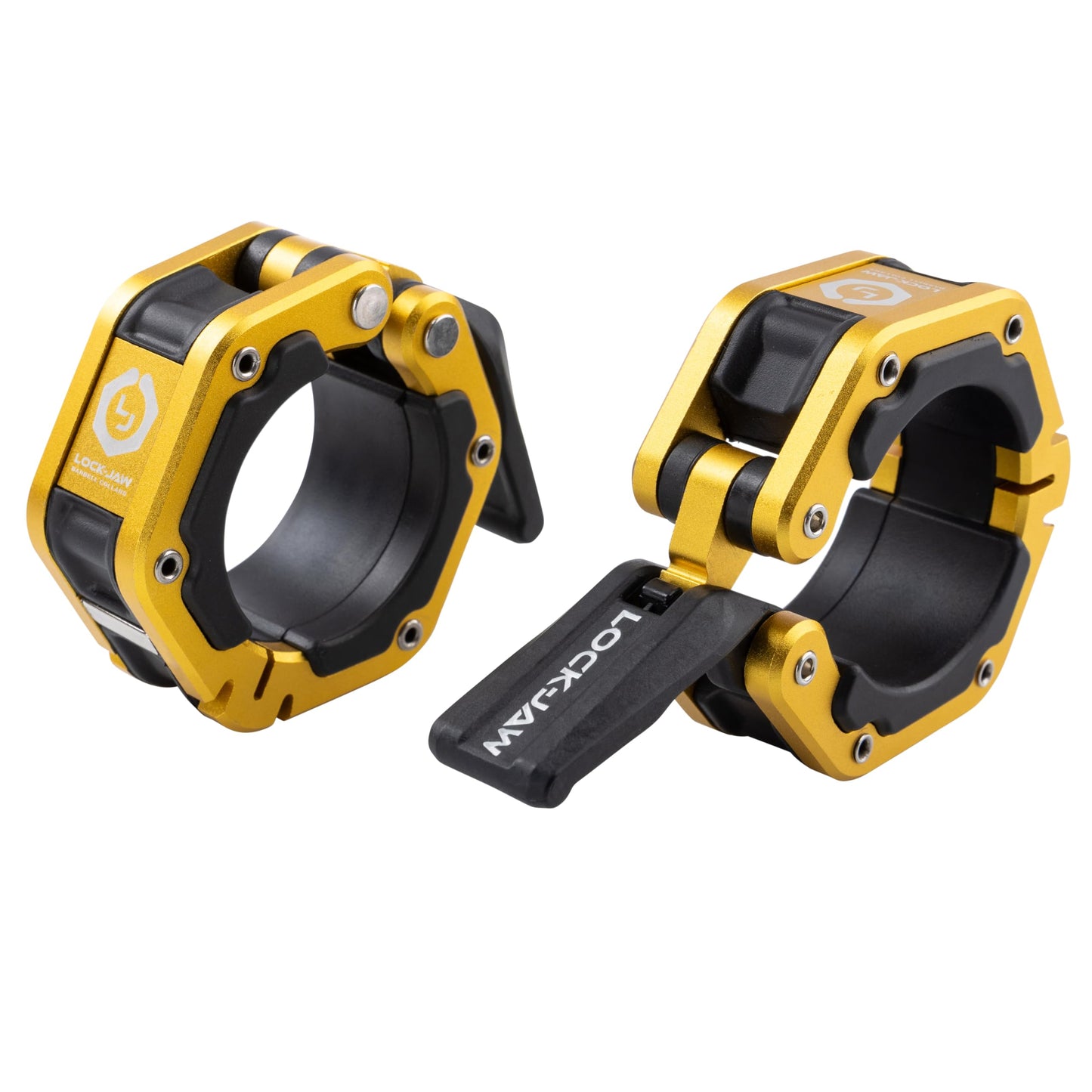 Lock-Jaw Flex Barbell Collars Olympic Barbell Clamps w/Magnet 2 Pcs – Heavy Duty Bar Clamps for 2” & 50mm Olympic Bars – Secure Weight Bar Clamps for Strength Training & Home Gym Accessories – Gold