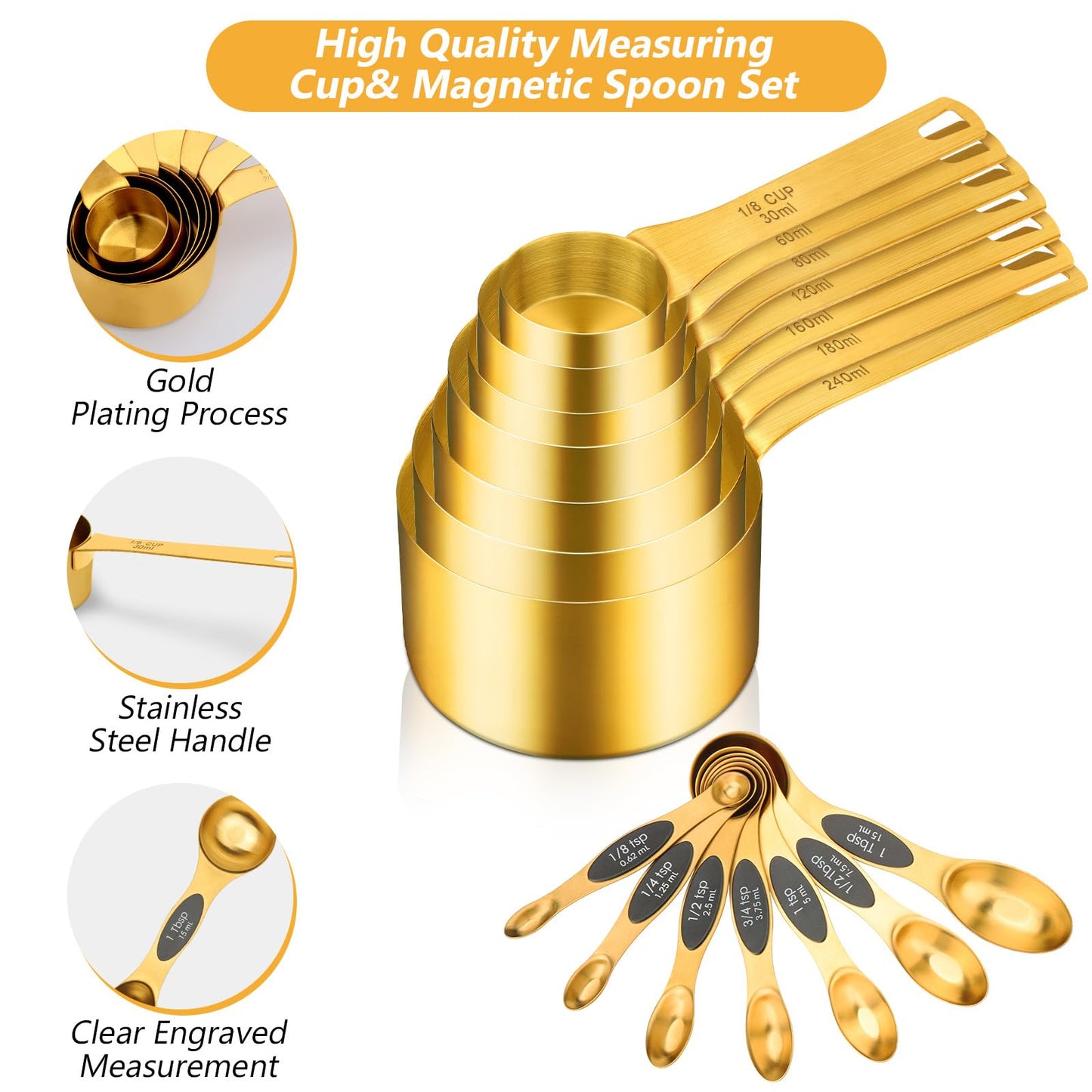 GuDoQi 15pcs Gold Magnetic Measuring Spoons and Cups Set, Stainless Steel 8 Dual Sided Magnetic Measuring Spoons set with Leveler, 7 Cups, Measurement for Liquid and Dry Ingredients for Kitchen
