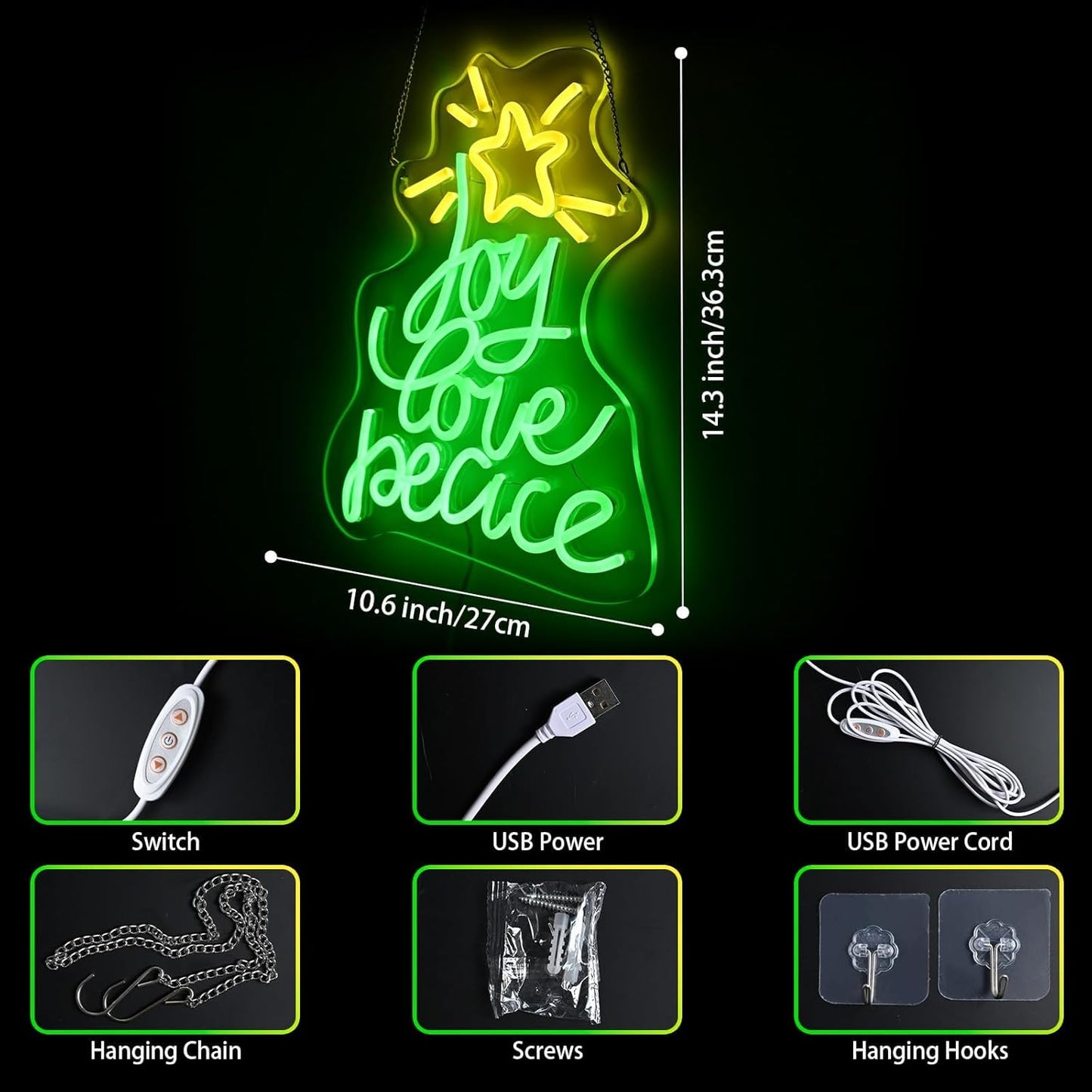 Skiennix Christmas Tree Neon Sign - USB Powered LED Wall Decor for Peace, Love & Joy | Holiday Gift