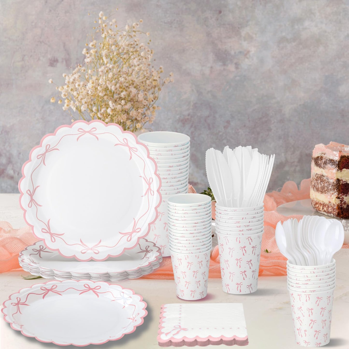 Sieral 144 Pcs Pink Scalloped Bow Party Supplies Coquette Cute Party Supplies Bachelorette Tableware Set Bow Paper Plates Napkins Cups for Girl Boy Baby Shower Wedding Birthday Decoration