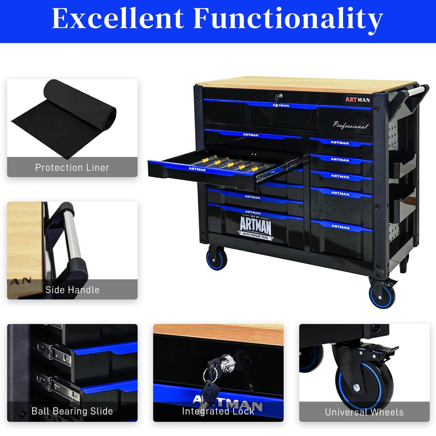 WIILAYOK Rolling Tool Chest on Wheels, Heavy Duty Metal Tool Cabinet Chest with 12 Drawers, Wooden Workbench Top, Large Tool Cart for Warehouse, Garage, Workshop, Repair Shop, Tool Organizer Chest
