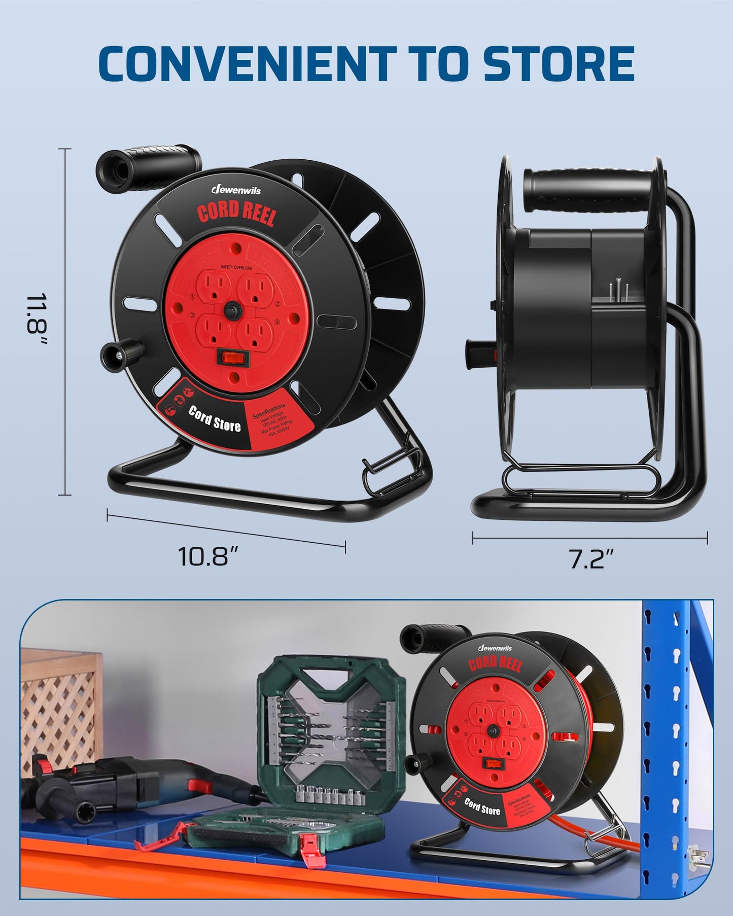 DEWENWILS Extension Cord Storage Reel with 4-Grounded Outlets, Heavy Duty Open Cord Reel for 12/3,14/3,16/3 Gauge Power Cord, Hand Wind Retractable, 15A Circuit Breaker, Rocker Power Switch