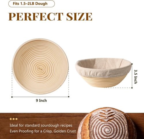 Banneton 2-Pack Bread Proofing Baskets | 9-Inch Round Natural Rattan for Sourdough Baking