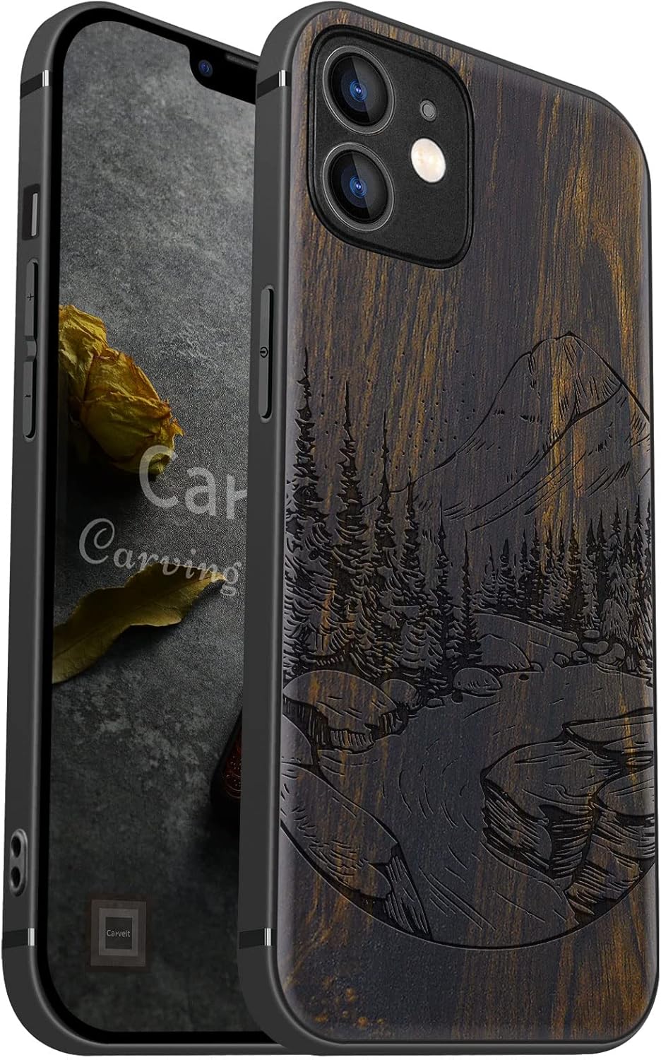 Carveit 12 Magnetic Wood Case for iPhone Case [Natural Wood & Black Soft TPU] Shockproof Protective Unique Wooden Cover