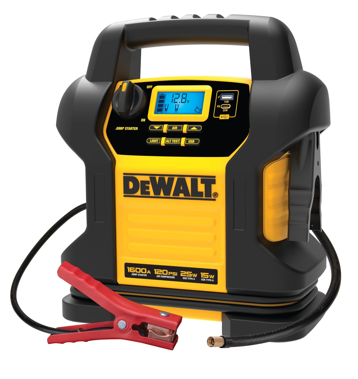 DEWALT DXAEJ14 Digital Portable Power Station Jump Starter - 1600 Peak Amps with 120 PSI Compressor for Tires, Sports Equipment & Bikes, 15W USB-A and 25W USB-C Power