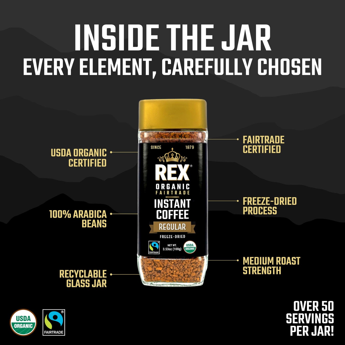 Rex Coffee Organic Fairtrade Freeze-Dried Instant Coffee – Medium Roast Arabica, 3.53 oz Glass Jar – Lab Tested for Mold, Mycotoxins, Heavy Metals, & Acrylamide
