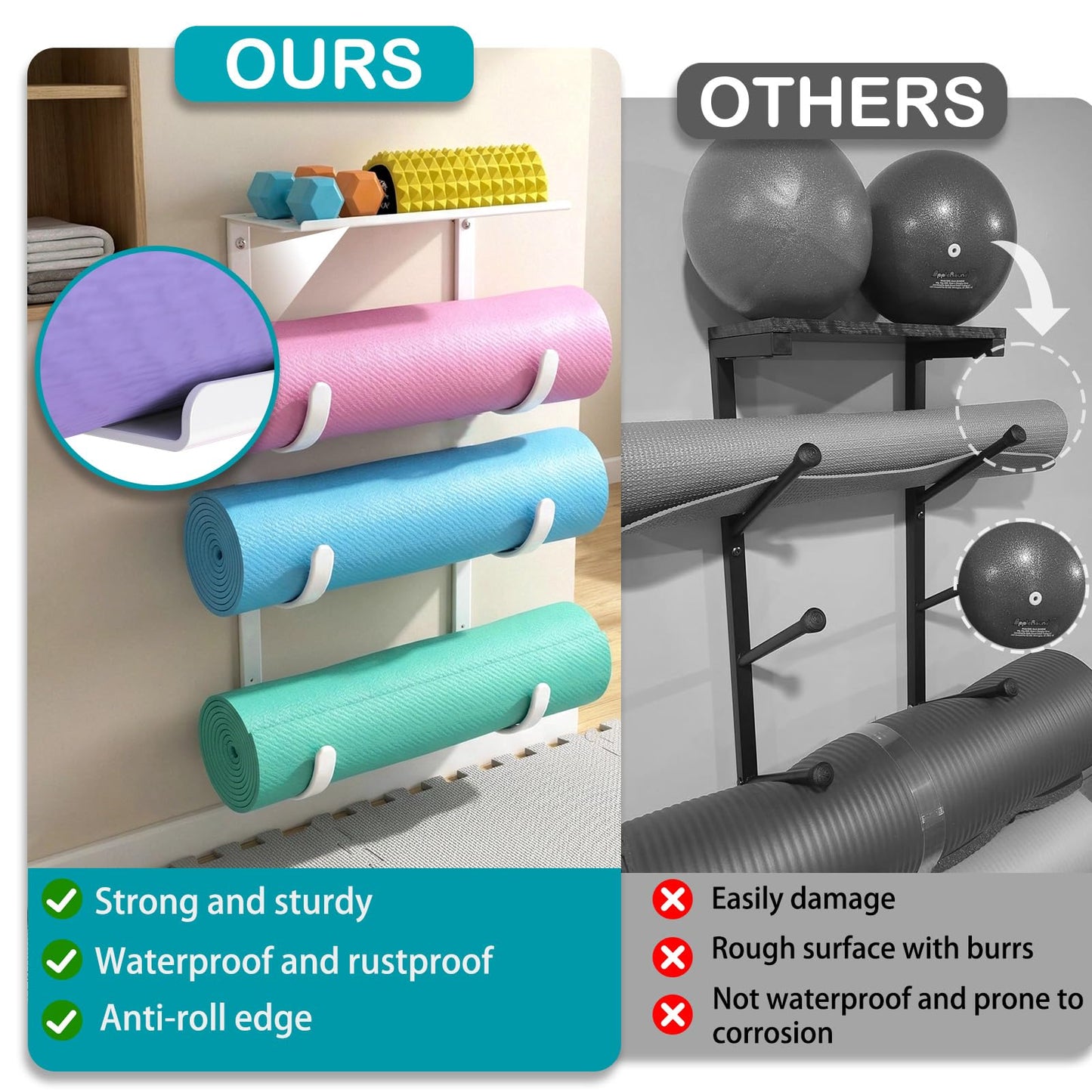 KOMOHOM Yoga Mat Holder Wall Mount, No-Tie Pilates Mat Storage Rack with Top Floating Shelf, 4-Tiers Holding Yoga Blocks/Rollers and Exercise Mat, Workout Mat, Home Gym Equipment Accessories