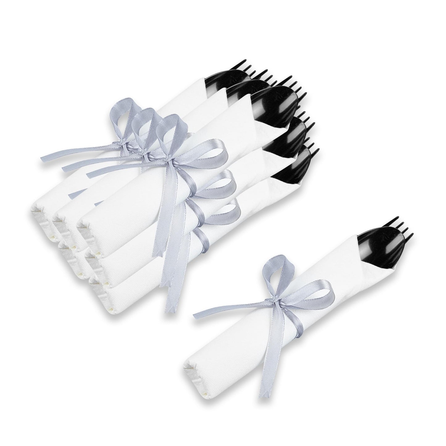 Restaurantware-7.3 Inch x 2 Inch Plastic Cutlery Sets, 100 Plastic Flatware Sets - Silver Ribbon, With White Napkin, Indivudally Wrapped, Black Plastic Disposable Cutlery Sets, For Weddings And Events