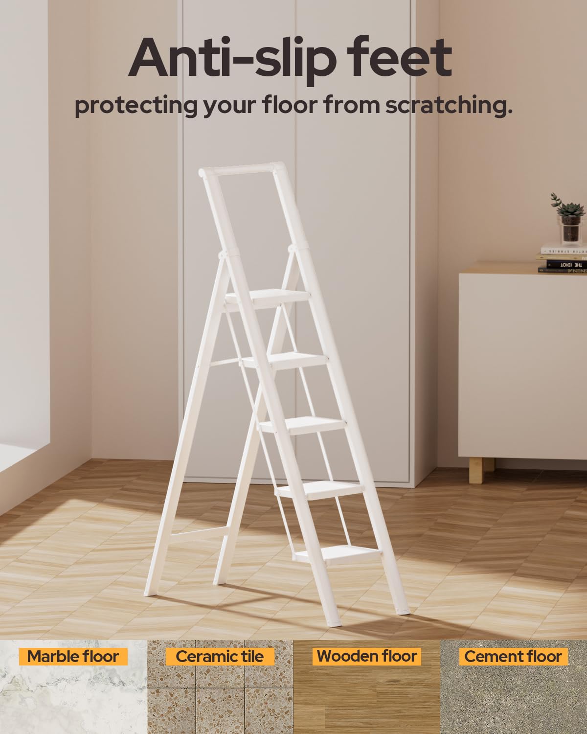 GameGem 5 Step Ladder for 10 Feet High Ceiling, Folding Step Stool Stepladders with Anti-Slip and Wide Pedal for Home and Kitchen Use Space Saving (White)