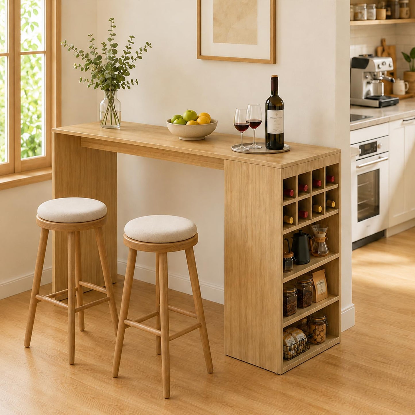 LHIUGE Kitchen Island with Storage, Fluted Counter Height Table, Home Bar Tables with Wine Rack and Drawers,Mid-Century Modern Kitchen Island Table for Kitchen, Dining Room, Living Room