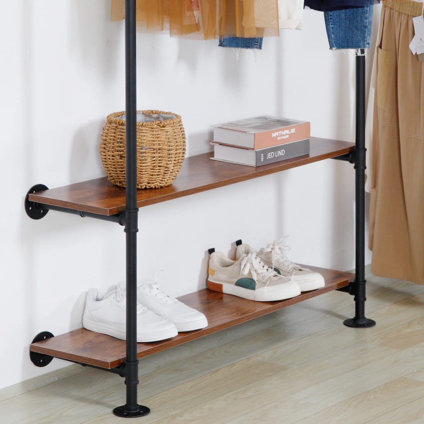 EDCB Industrial Pipe Clothing Rack - Wall Mounted 3-Tier Heavy Duty Metal Garment Rack with Shelves, Black Closet Organizer for Retail Stores & Bedroom (92.1X76.8inch)