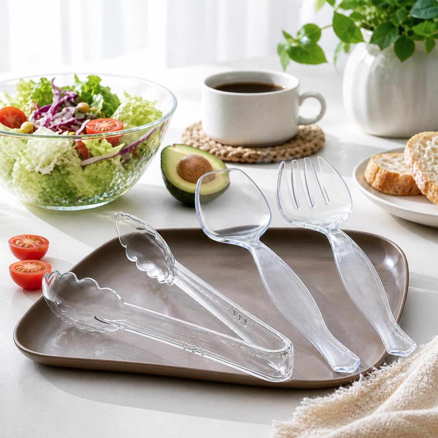 Mwellewm 36Pcs Serving Utensils Large Plastic Serving Utensils Set Serving Spoons for Buffet Clear Disposable Plastic Tongs 8.5'' Heavy Duty Slotted Spoons/Forks Supplies for Party Food Salad Soup