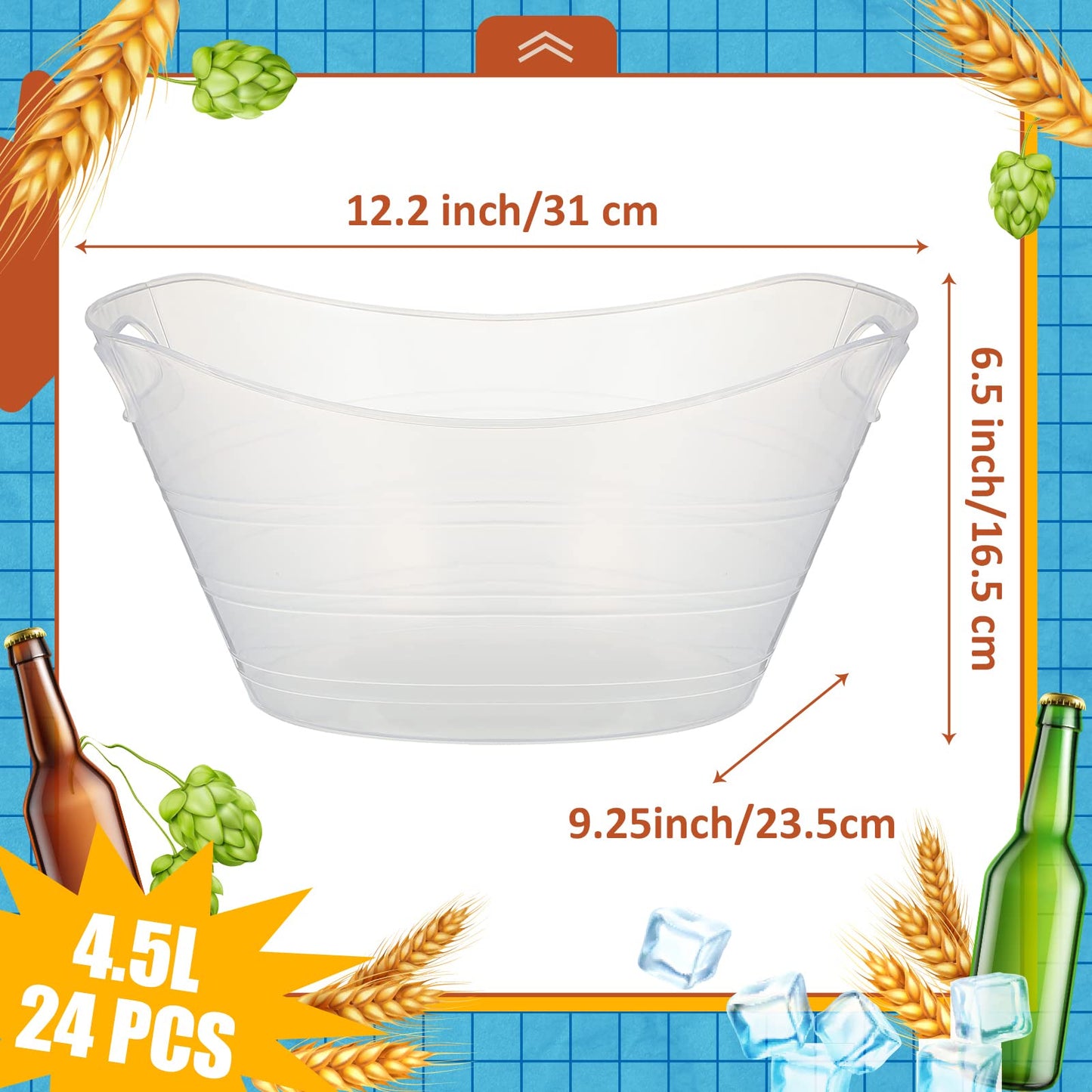 Norme 24 Pcs Oval Storage Tub with Handles, 4.5l Plastic Ice Buckets Bulk for Wine Beer Champagne Drink Cooler Beverage Storage Tub for Parties BBQ Weddings Party Outdoor Celebration(Clear)