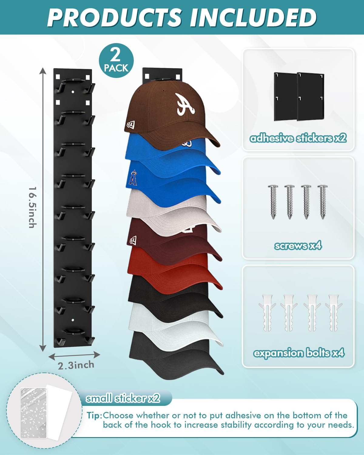 Skiennix Hat Organizer - Strong Adhesive Wall Rack for 18 Baseball Caps | Multi-Layer Storage - Black