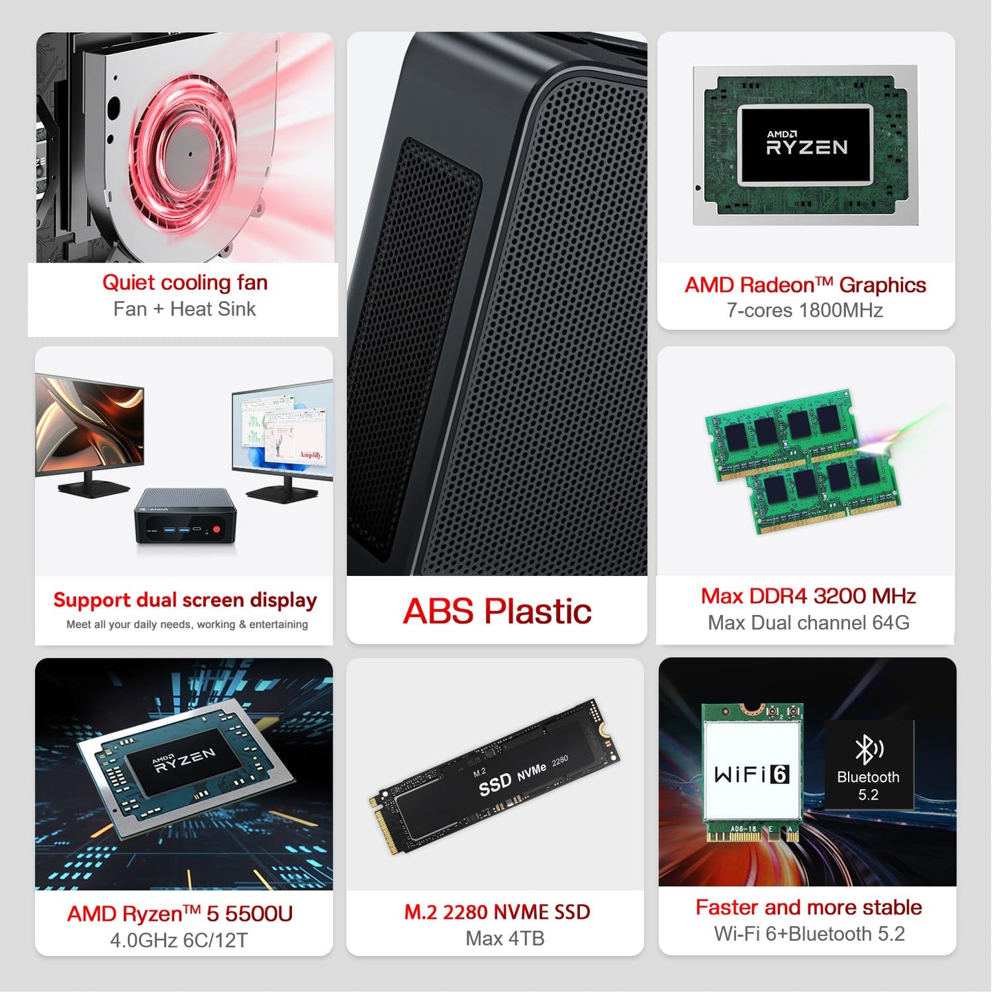 Beelink Mini PC, SER5 AMD Ryzen 5 5500U(7nm, 6C/12T) up to 4.0GHz, Mini Gaming Computer 16GB DDR4 RAM 500GB NVME SSD, Micro PC 4K@60Hz Dual Display, Mini Computer WiFi6/BT5.2/HTPC/W-11 Pro