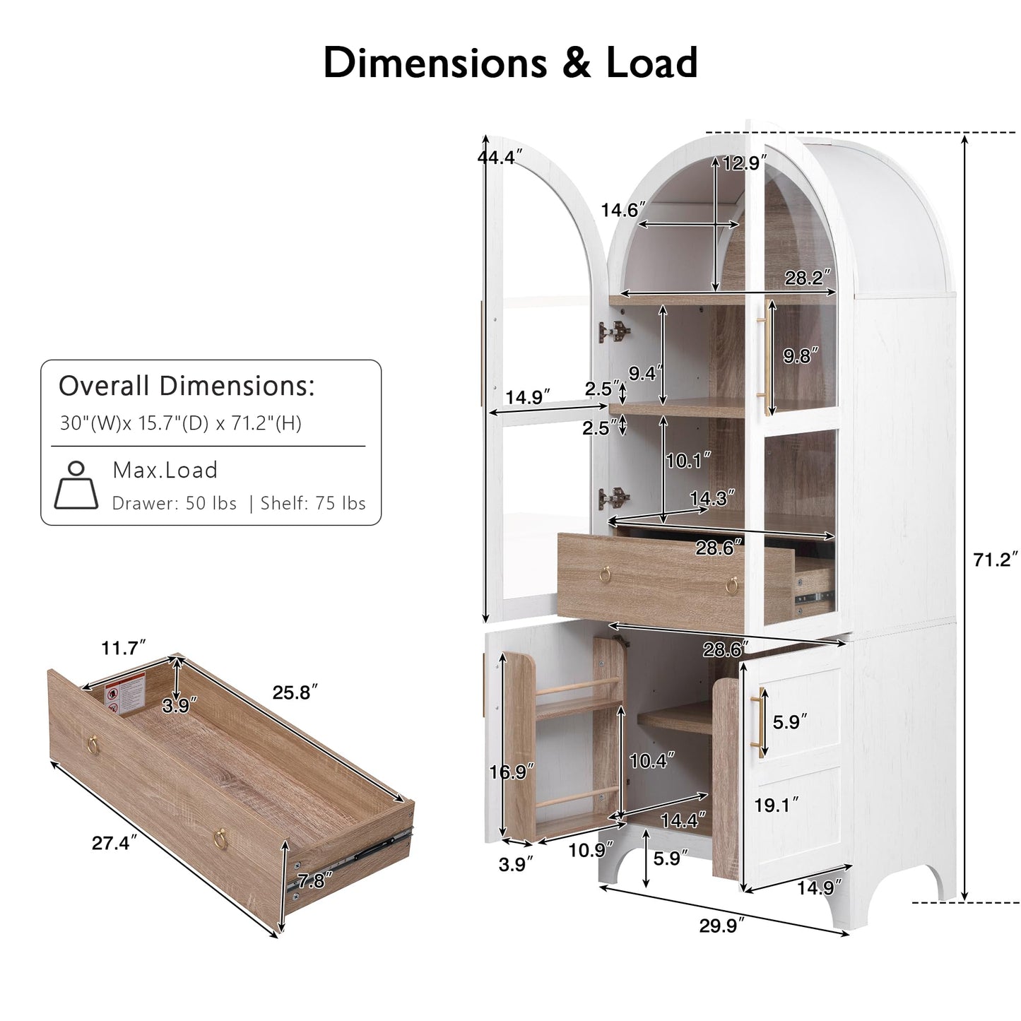 71" Tall Arched Kitchen Pantry Cabinet with Hidden Large Drawers,Food Pantry Storage Cabinet with Glass Door,3 Adjustable Shelves,4 Door Shelves,Freestanding Cupboard for Kitchen, Dining Room(White)