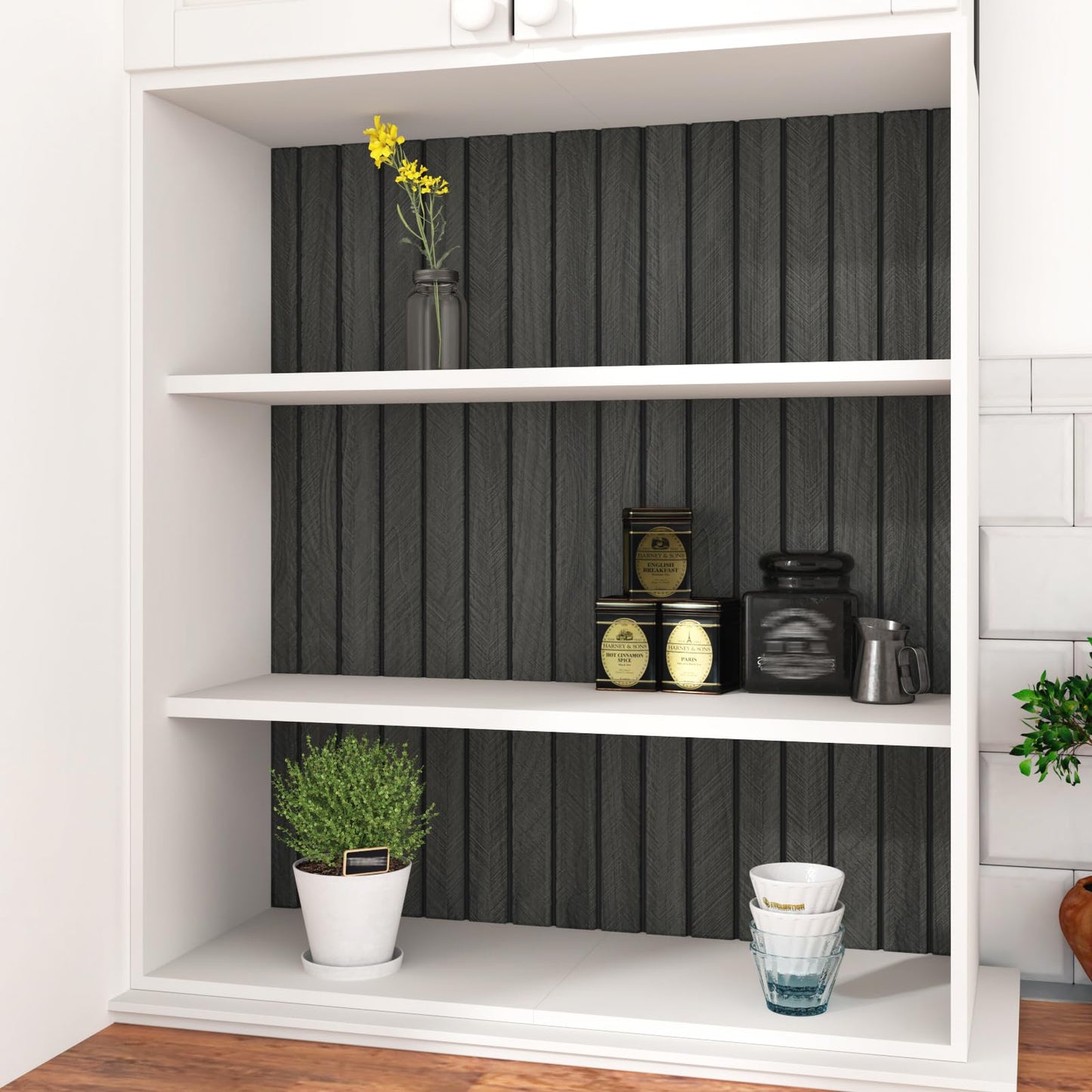 STICKEEP Self Adhesive Wood Slat Wall Paneling Grey/Black 3D Wood Panels for Wall Decor Soundproof Peel and Stick Wooden Grain Panel Wallpaper for Living Room Bedroom Dinner Office 11.8" x 118"