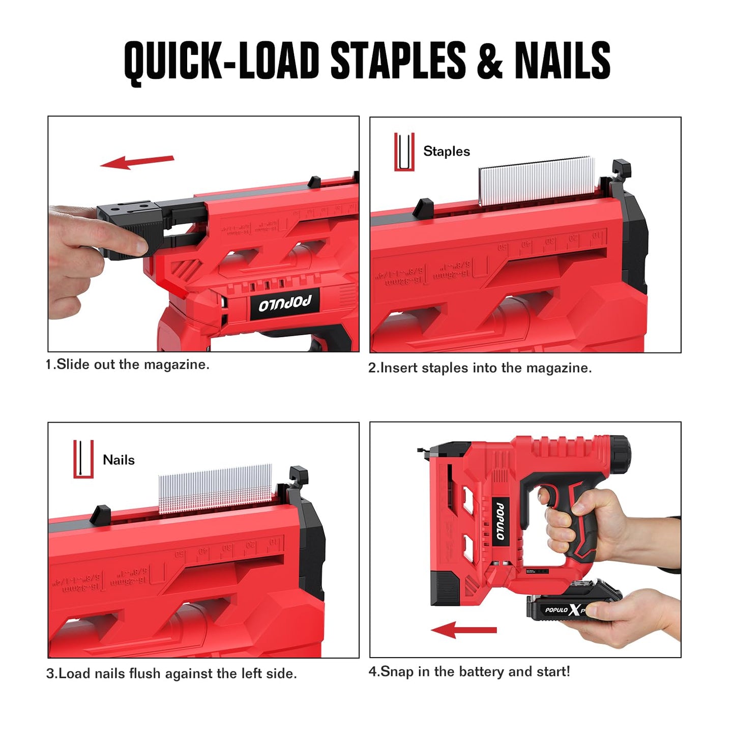 POPULO 20V Nail Gun Battery Powered, 18 Gauge 2-In-1 Cordless Brad Nailer Stapler Includes a 2.0Ah Battery, Charger, 1600 Staples and Nails, Electric Staple Gun for Carpentry and Upholstery
