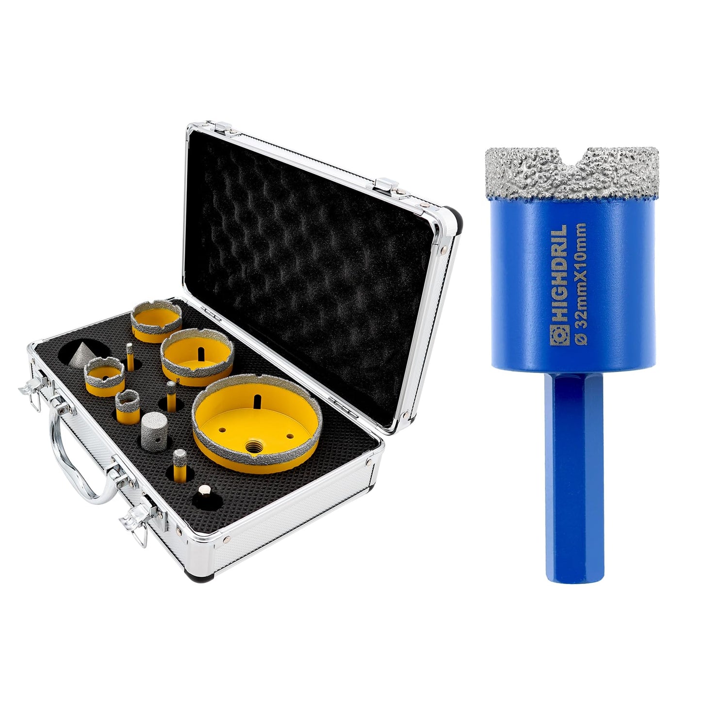 HIGHDRIL Diamond Drill Bits Kit with 5/8-11 for Porcelain Tile Ceramic Marble Brick Concrete Vacuum Brazed Hole Saw(6/8/10/20/35/50/65/100mm+50mm Chamfer Bit+20mm Finger Bit+Adapter)
