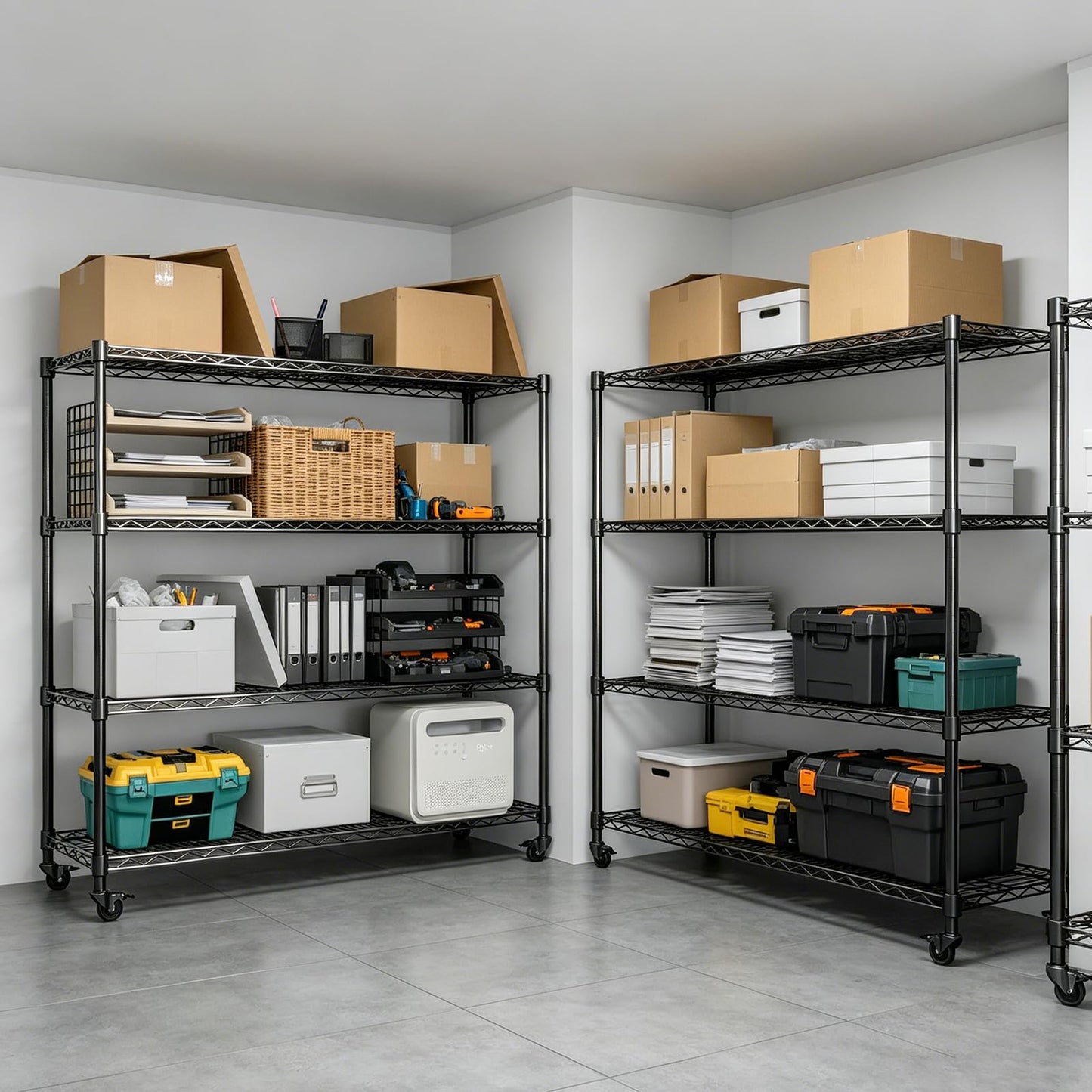 KAXIWEI Storage Shelves 2500LBS Metal Shelving 4 Tier Wire Shelving Garage Shelving Units with Wheels Heavy Duty Metal Shelves for Shelving Unit Adjustable Shelf, 62" H x 58" W x 20" D
