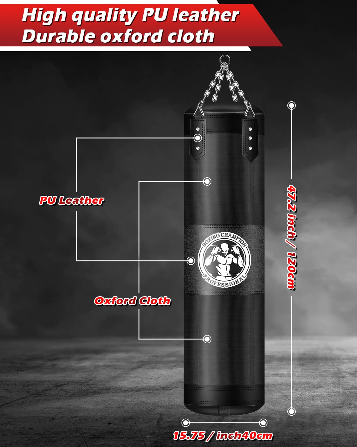 YORWHIN Hanging Punching Bag for Adults, 4FT Oxford Boxing Heavy Bag, Heavy Boxing Bag Set with Hand Wraps Chains, Kick Punching Bags for MMA Karate Kickboxing Boxing Muay Thai Training(Unfilled)