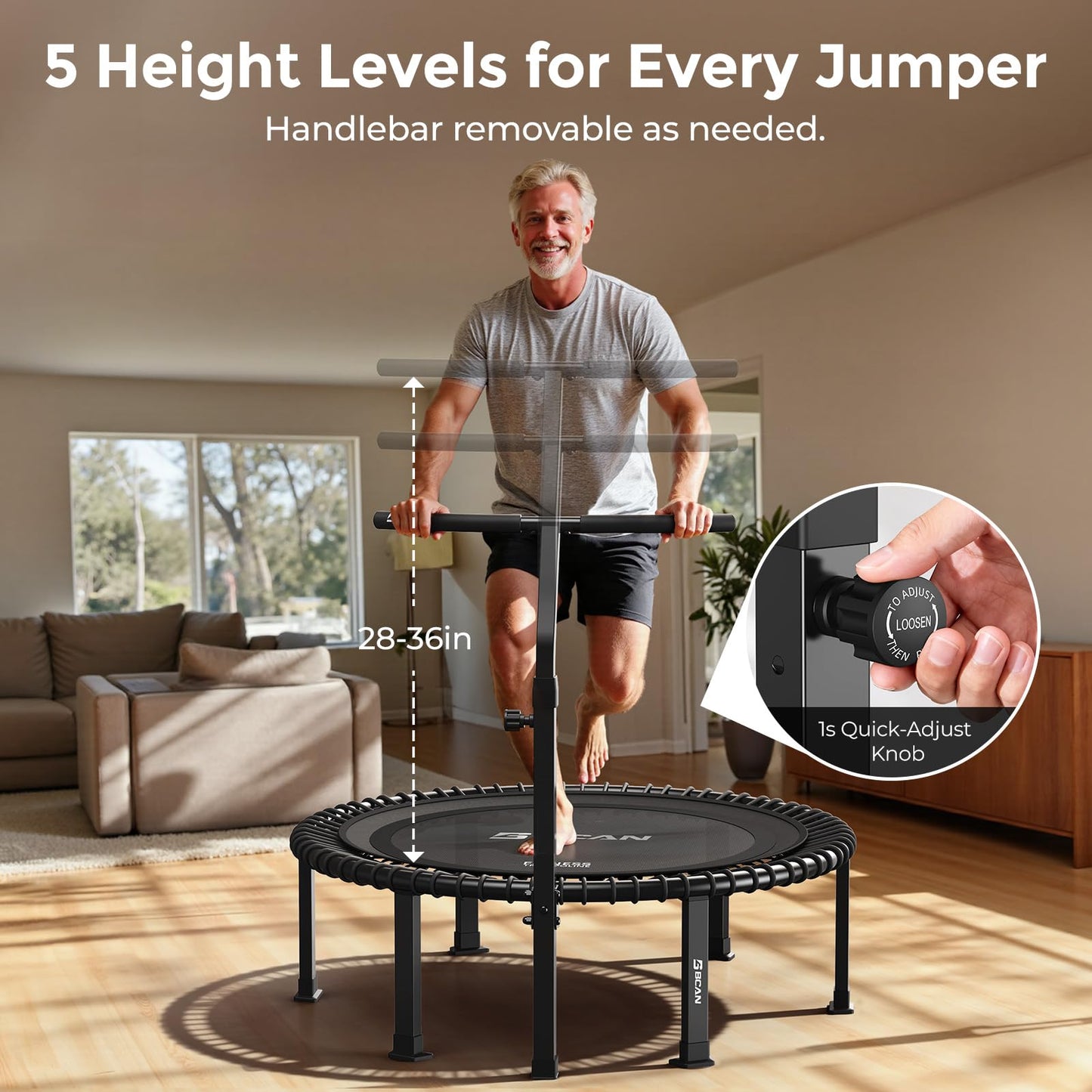 BCAN BT4 40" Soft Land Pro Adult Bungee Rebounder Trampoline, 500lb Capacity, Adjustable Tension Bungees, One-Piece Frame (16 Gauge), Quiet Indoor Cardio w/Handle, Phone Holder & 2 Pairs Socks, Black