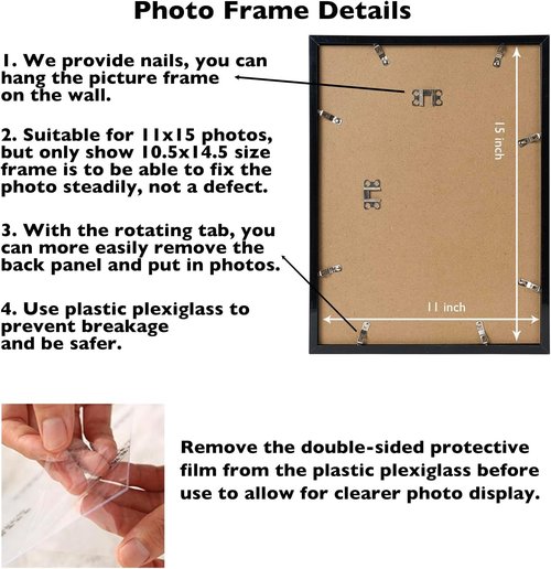 JCJMY Picture Frame - 11x15 Inch Wall Gallery Frame in Black | Horizontal & Vertical Formats with Shatter-Resistant Plexiglass