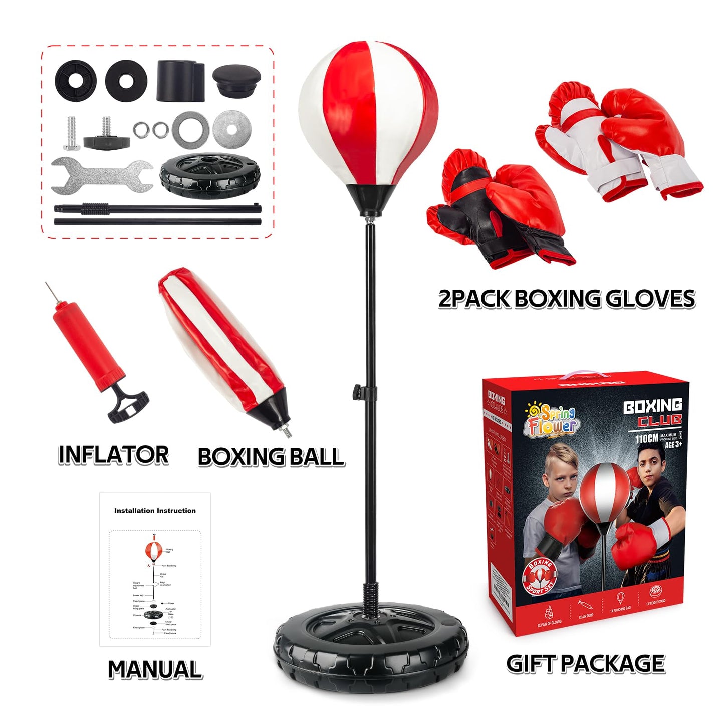 Springflower Big Punching Bag for Kids Included 2 Pack Boxing Gloves, Boxing Toys for Boys, Boxing Bag Sets with Height Adjustable Stand, for Boys & Girls Age 5 6 7 8 9 10 Years Old