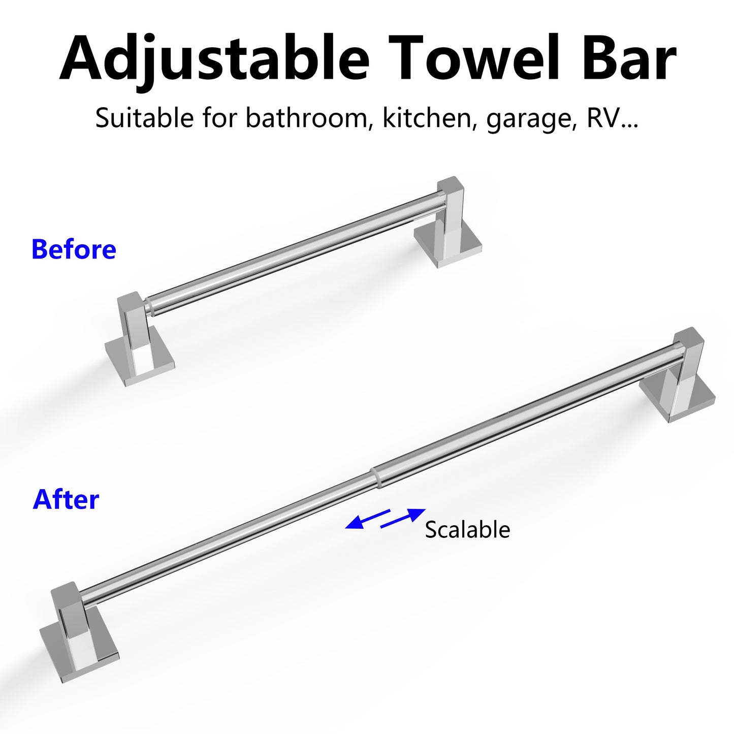 MIROAMZ Towel Bar, Adjustable 12.7inch to 23.2inch Wall Mounted Towel Rack for Bathroom, Kitchen, SUS 304 Stainless Steel Towel Rod with Square Base (Chrome)