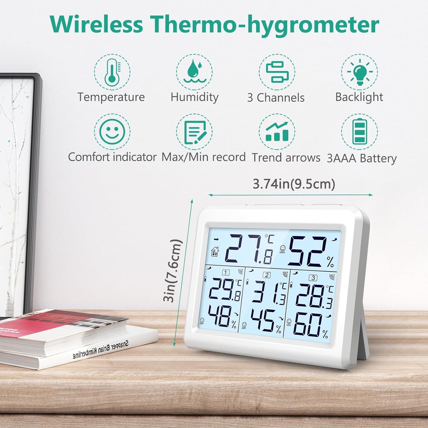 ORIA Digital Indoor Outdoor Thermometer - Wireless Temperature & Humidity Gauge with 3 Sensors | LCD Backlight, White