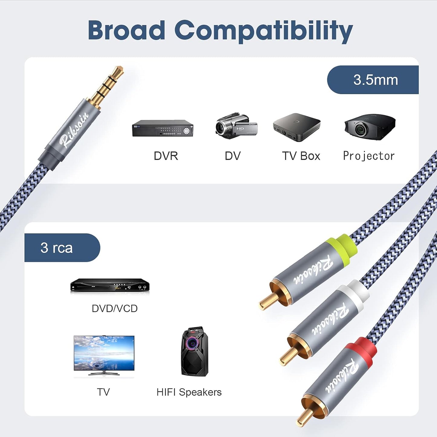 3.5mm 3 6.6FT/2M 3.5mm 3-Male MP3, to RCA Audio Video Cable, to RCA Adapter Stereo AUX Cord AV Cable for Camcorders