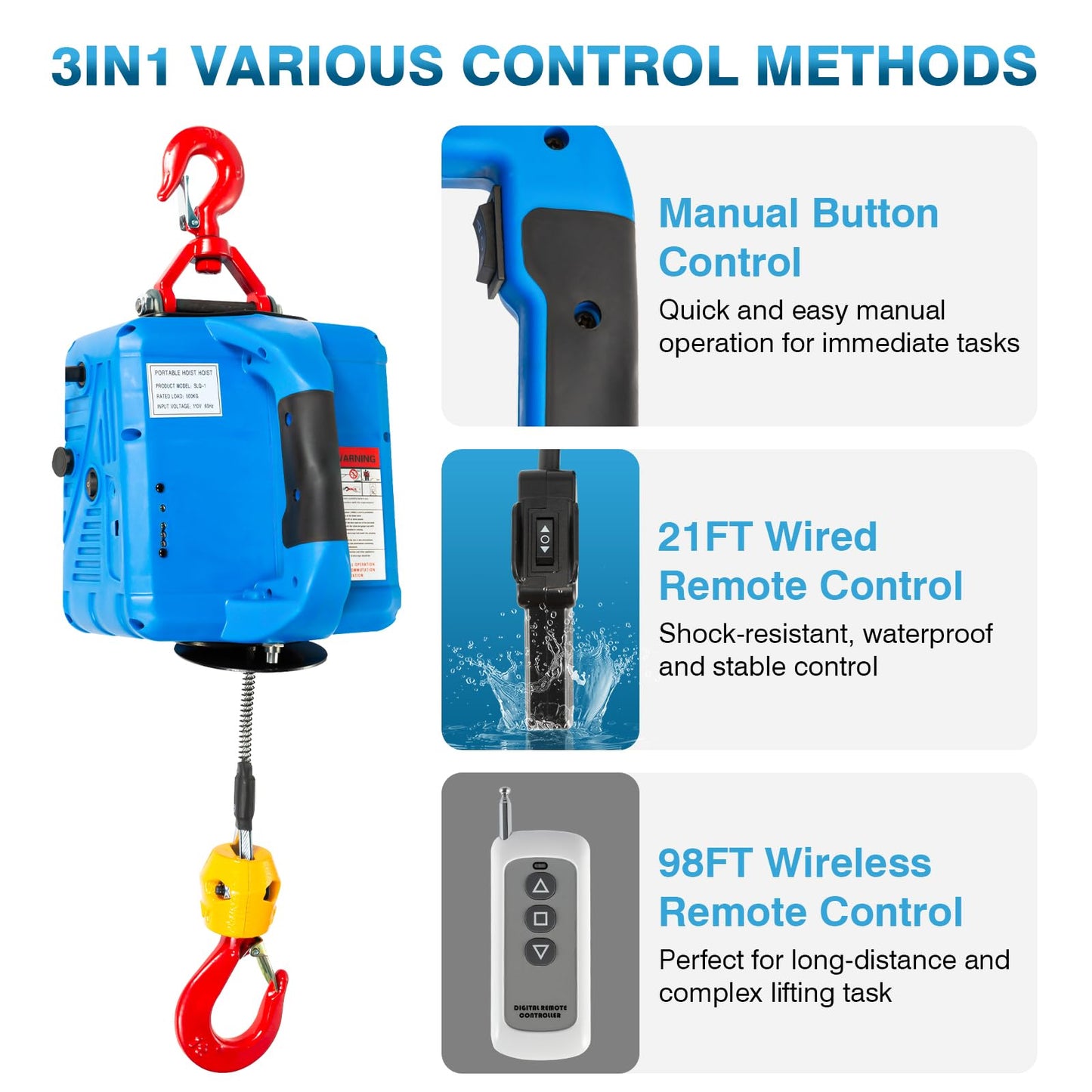 IRONWALLS 3 in 1 Electric Hoist Winch 1100LBS, 1500W Portable Power Winch Crane 110V 120V, 25FT Lifting Height, Small Electric Winch with Manual Button, Wired & Wireless Remote Control for Garage