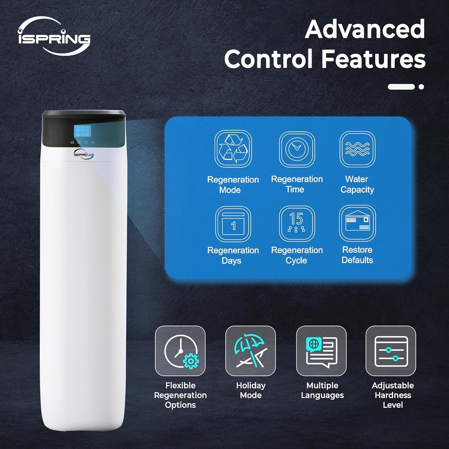 iSpring Whole House Water Softener System, 50,000 Grain High Capacity Removes Hardness with Automatic Backwash and Low Salt Alarm, Hardness & Scale Reduction in House and Commercial Water Use, WCS50KG
