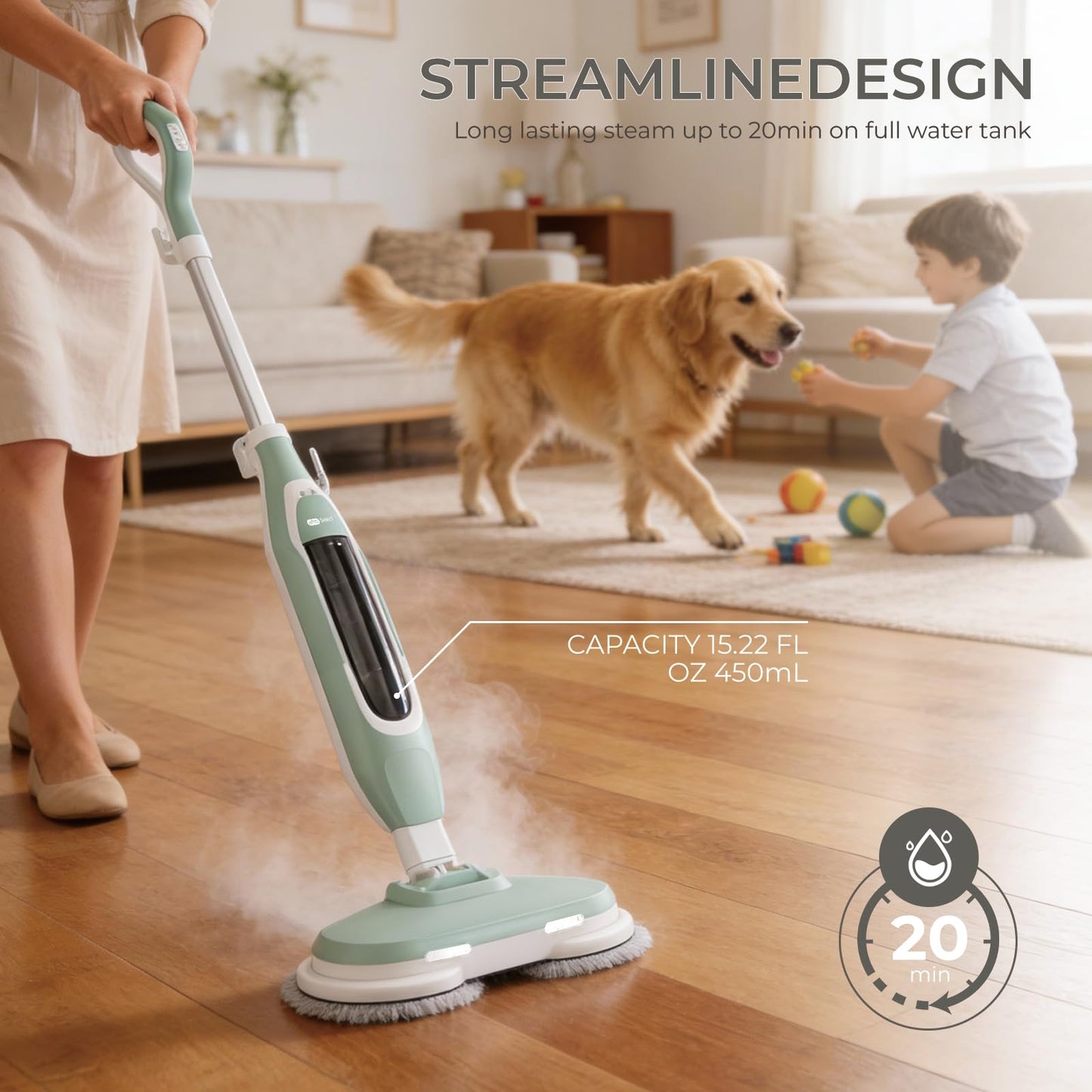 EPROEON Steam Mop, All-in-One Steam and Scrub Hard Floor Cleaner with LED Headlights, 450ml Tank, 4 Soft Pads, Dual Power, Swivel Steering for Hardwood, Tile and Laminate
