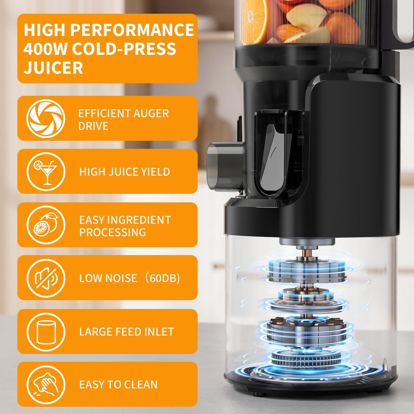 XTKKGFBIR Cold Press Juicer, 400W Masticating Juicer with 6" Extra-Large Feed Chute, 55RPM Slow Juicer, High Juice Yield, Easy to Clean, for Whole Fruits, Vegetables, Nut Milk & Sorbet, 1.8L Capacity
