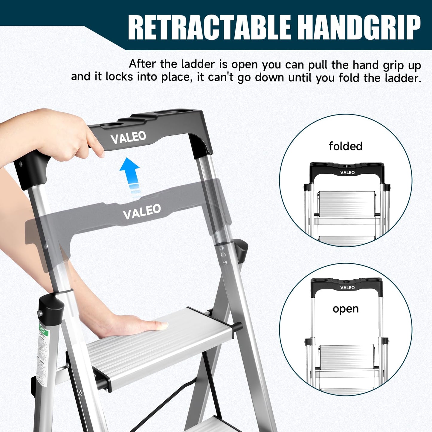 Valeo Aluminium 5 Step Ladder with Retractable Handgrip,Anti-Slip Pedal,330 lbs Capacity,Folding Step Stool for Kitchen, Garage, Home, Space Saving, Sturdy and Portable, Silver