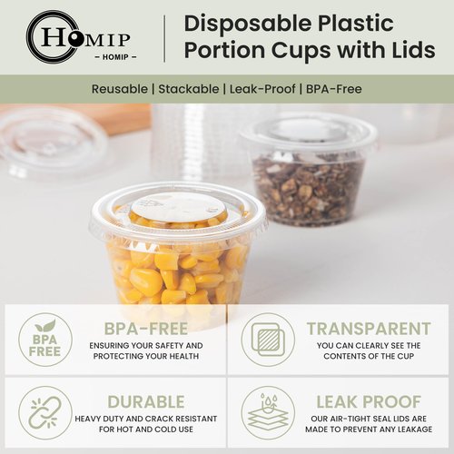 HOMIP 300Pack 4oz Disposable Plastic Portion Cups with Lids, Small Mini Sauce Cups for Portion Control, Salad Dressing Cups, Airtight and Stackable Condiment Cups for Party, Holiday and Daily Use