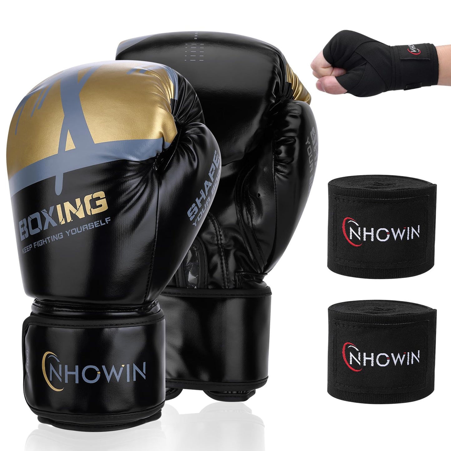 NHOWIN Boxing Gloves, Boxing Gloves for Men and Women with Boxing Wraps for Heavy Bag, MMA, Muay Thai, Sparring Training - 12oz