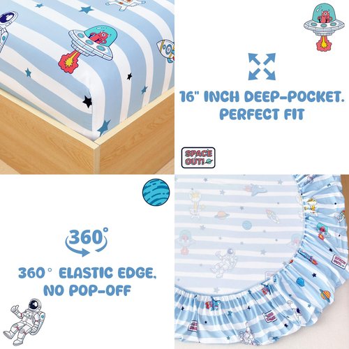 MICORAL Queen Sheets Set Kids, Astronaut Sheets for Boys Girls & Teens, 4 Piece Soft Printed Microfiber Bed Sheets, Deep Pocket Cozy Cute Toddler Bedding Set