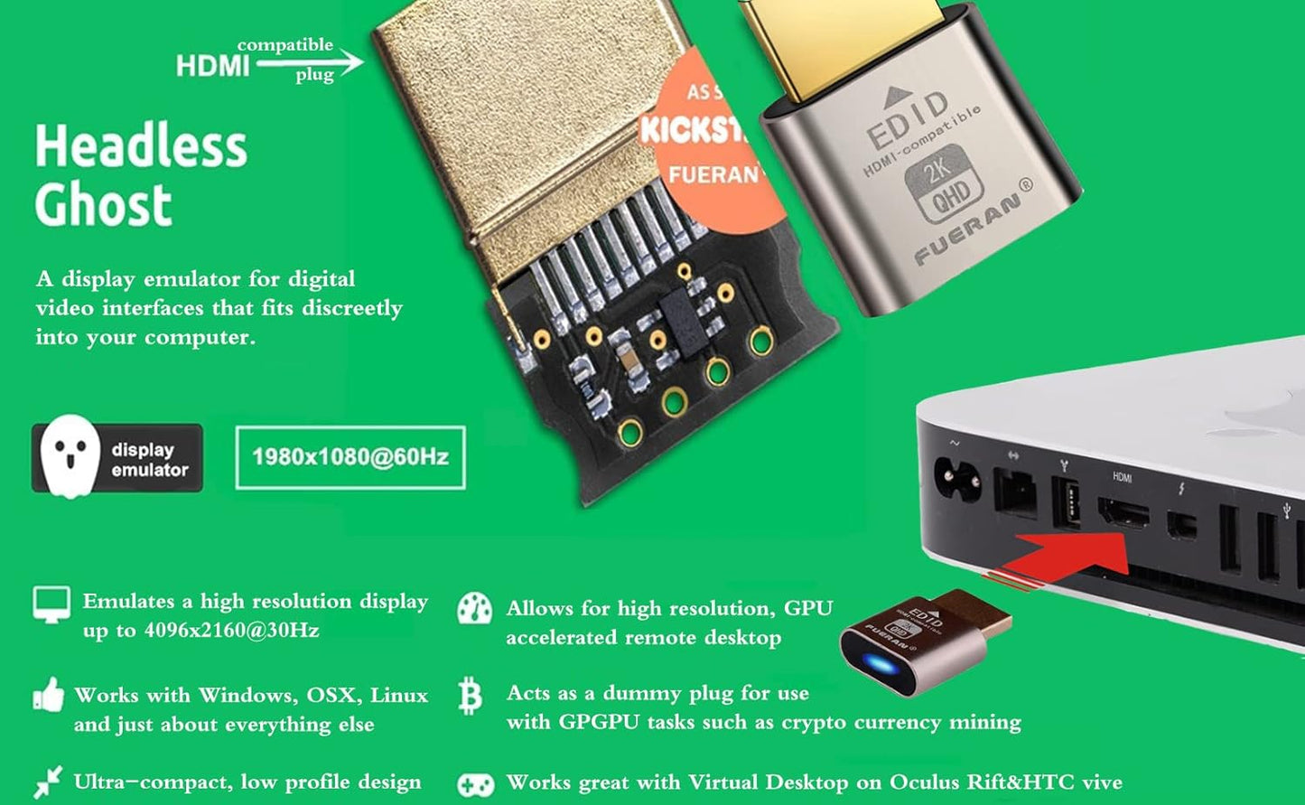 FUERAN Dummy Headless-1920x1080 Generation@60Hz (HDMI2.0-2K-1P) HDMI Plug Headless Ghost Display Emulator