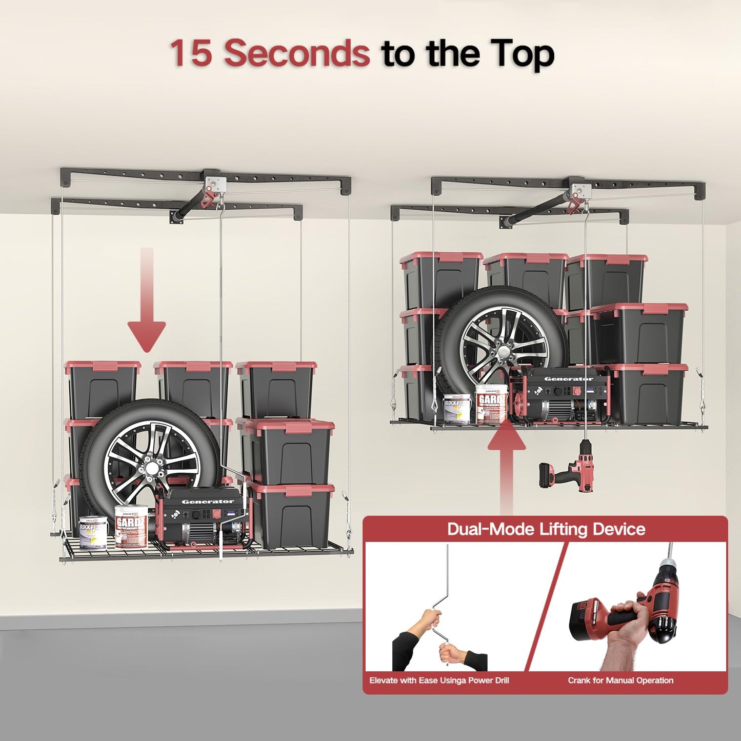 Overhead Garage Storage Rack for 12–14 FT Ceiling, Heavy-duty 4x4 FT Ceiling Storage Racks with Safety Lock, Ideal for Garage Storage Mounted Lift System and Storage Organizer, 250lbs Capacity